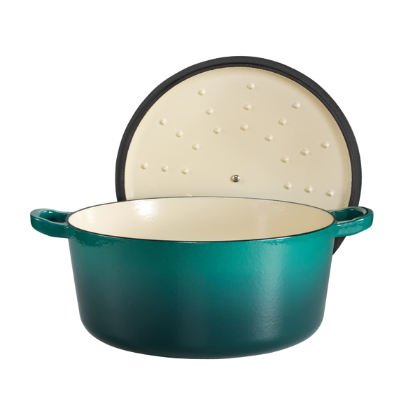 Cuisine::pro® LE CONNOISSEUR™ 6.6 Qt. Round French Oven with a self-basting lid open showing interior.