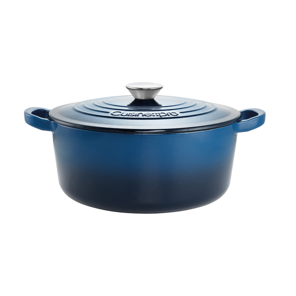 Cuisine::pro® LE CONNOISSEUR™ 6.6 Qt. Round French Oven in deep blue color with lid.