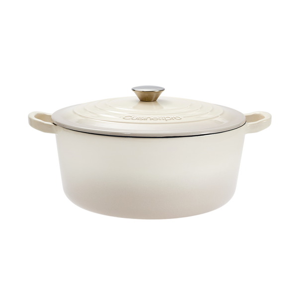 Cuisine::pro® LE CONNOISSEUR™ 6.6 Qt. Round French Oven in beige with a self-basting lid.